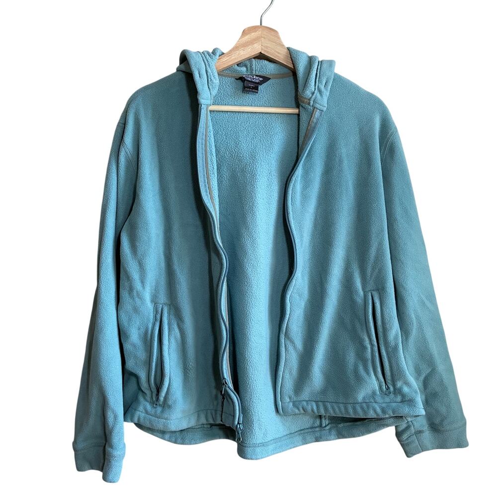 Woolrich aqua green full zip fleece sweater women's size large pockets warm hood